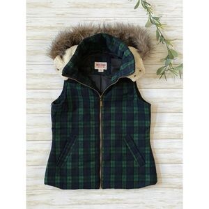 Mossimo Blue Green Plaid Front Full Zipper Vest with Faux Fur Trimmed Hood S/P